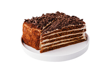 Chocolate layer cake slice on white plate