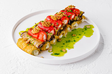 Gourmet stuffed chicken roll with vegetables and nuts