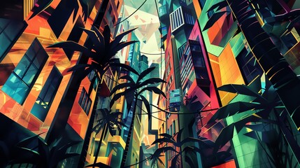 Capture the essence of Cubism meets Street Photography in an Urban Jungle scene, using pixel art with bold colors and sharp angles to portray abstract buildings and dynamic movement - obrazy, fototapety, plakaty