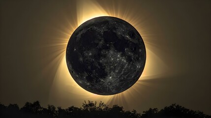 Moon Silhouette Eclipse with Radiant Sun. Concept Astronomy, Eclipse, Moon phases, Sun, Silhouette