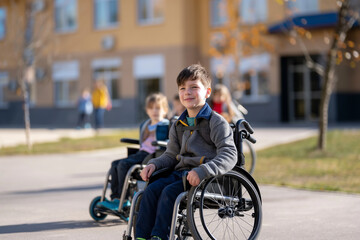 Fototapeta na wymiar Portrait of a disabled boy in a wheelchair with his friends in the background