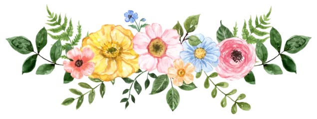 Behang The watercolor floral arrangement features pretty hand-painted pink, yellow, blue flowers and green leaves. Wildflowers wreath for cards, invitations, greetings. PNG clipart. © Anna Nekotangerine