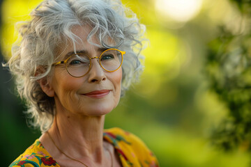 Portrait of a fashionable beautiful elderly woman with short curly gray hair and glasses on a blurred background in the park. Copy space.