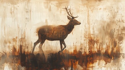 A serene scene of a majestic deer striding across an abstract landscape in hues of chestnut brown, burnt sienna, and cream, blending nature's tranquility with modern abstraction.