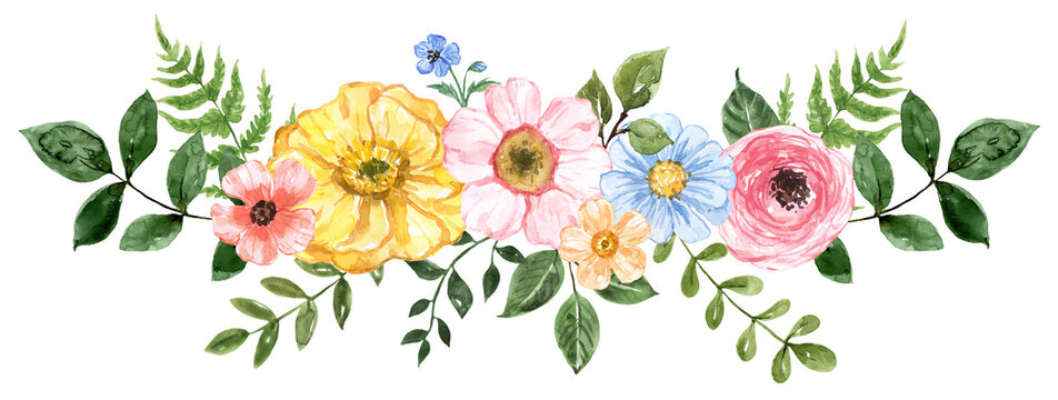 The watercolor floral arrangement features pretty hand-painted pink, yellow, blue flowers and green leaves. Wildflowers wreath for cards, invitations, greetings. PNG clipart.