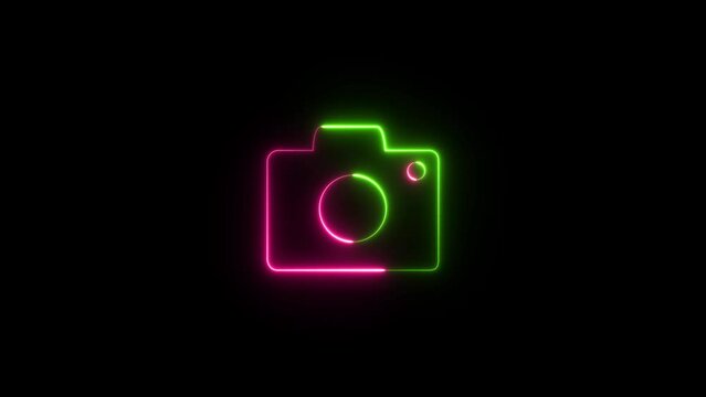Neon glowing line camera icon isolated on black background. Glowing neon camera icon animated background.