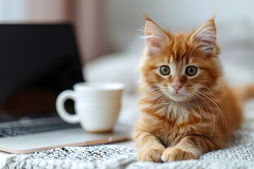 Small Kitten Sitting on Bed Next to Laptop