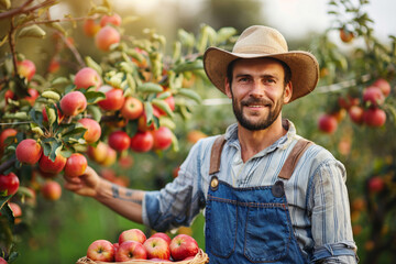 Handsome man farmer in a blue uniform and hat in an apple orchard with ripe red apples.