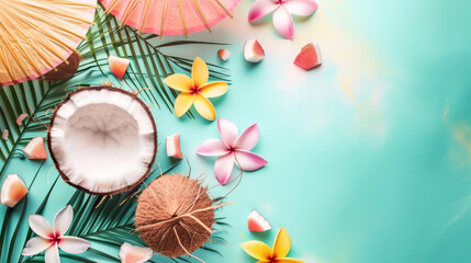 Fototapeta na wymiar Tropical summer concept with coconuts, frangipani flowers, and umbrellas on a teal background