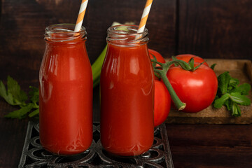 Tomato juice in bottles