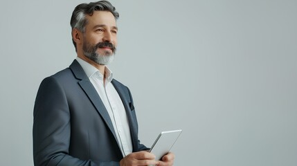Portrait of happy middle aged business man in suit using digital tablet while standing over white background with copy space, smiling and looking away. generative AI