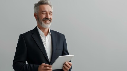 Portrait of happy middle aged business man in suit using digital tablet while standing over white background with copy space, smiling and looking away. generative AI