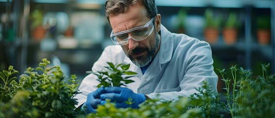 Concentrated Botanist in Lab Exploration. Concept Botanical Research, Lab Experiments, Plant Analysis, Scientific Discoveries