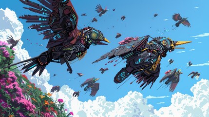 Craft a scene of a group of robotic birds soaring in the sky, rendered in pixel art, capturing their synchronized flight in a breathtaking panoramic view, a fusion of technology and nature