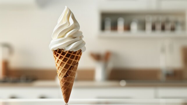 Close-up of a vanilla soft serve ice cream cone in a warm kitchen setting