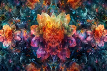 Dreamy wallpaper featuring mythical creatures in a kaleidoscope of colors, floating islands  ,close-up,ultra HD,digital photography - obrazy, fototapety, plakaty