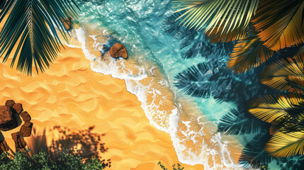 Aerial view of a tropical beach with palm leaves and foamy sea waves