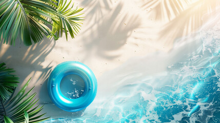 Tropical beach setting with a blue inflatable ring, palm leaves, and clear sea water.