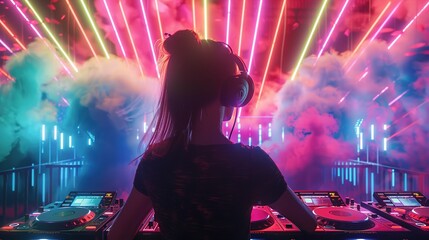 Vibrant neon lights illuminating the night sky as colorful smoke swirls around a DJ booth, setting...
