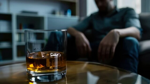 Stop no alcohol addiction concept. Person try to solve problem with alco. Glass of whiskey on table. Depressed alcoholic man indoor. Alcoholism problem. Bad unhealthy habit. Upset unhappy lonely guy.