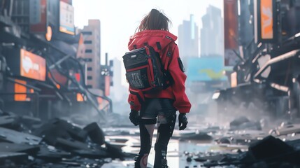 Illustrate a fashion-forward rebel in a dystopian world wearing edgy cyberpunk attire, standing defiantly in a desolate wasteland with a mix of pixel art and CG 3D rendering - obrazy, fototapety, plakaty