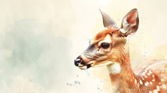 Illustrate a graceful deer gazing into the distance from a side angle, using watercolor to add a soft, ethereal quality in a unique robotic wildlife photography perspective