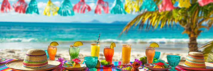 Colourful table decoration with an exotic beach. Summer picnic on a tropical beach