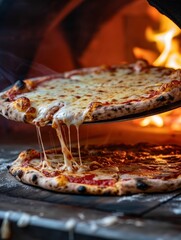 Serving of a cheesy pizza slice with a perfectly charred crust, in front of a blazing oven.