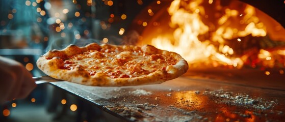 A mouthwatering pizza emerges from a wood-fired oven, the cheese golden and bubbling, a testament to traditional Italian cooking.