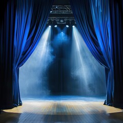 Blue theatre curtains opening to reveal an empty stage with spotlights - obrazy, fototapety, plakaty
