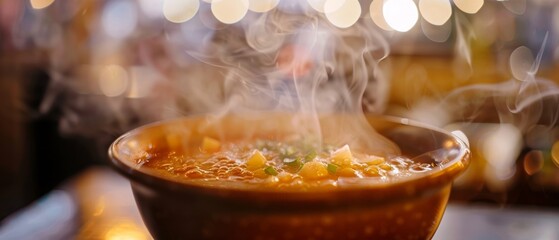 A hot bowl of soup, full of rich ingredients, offers a comforting meal in a warm cafe ambiance.