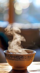 Captivating steam dances above a hot brew in a serene setting, highlighted by the soft morning sunlight.