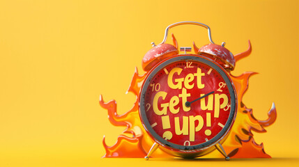 A vibrant red alarm clock with 'Get up!' text melting on a yellow background - obrazy, fototapety, plakaty