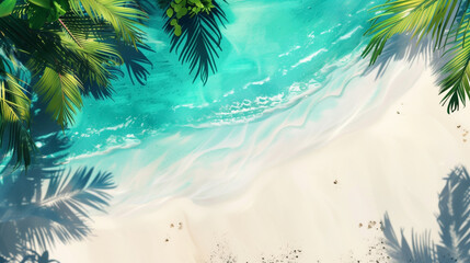 Aerial view of a tropical beach with clear turquoise water and palm tree shadows - obrazy, fototapety, plakaty