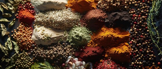 A gastronomic spectrum of various spices and seasonings on a stone surface, perfect for culinary arts and recipes.