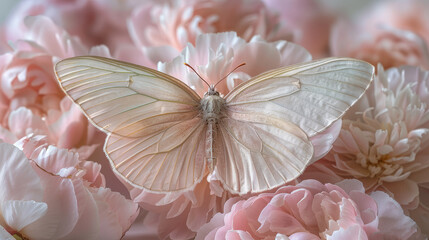  A large white butterfly atop a cluster of pink blossoms in a sea of pink peonies
