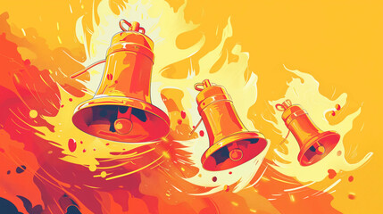 Colorful illustration of ringing bells engulfed in stylized flames on a vibrant background