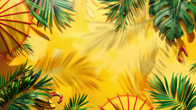 Tropical-themed image with palm leaves, parasols, and candy canes on a yellow background