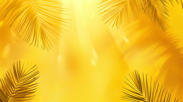 Tropical palm leaves casting shadows on a textured yellow background with sunlight.
