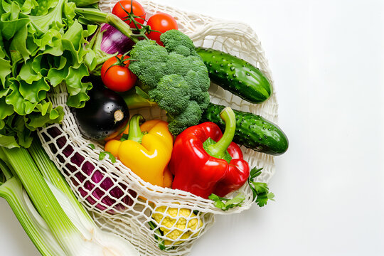 Juicy vegetables in a string bag on a white background. Healthy nutrition concept
