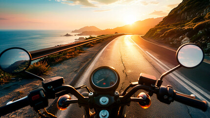 Landscape style, motorcycle on a coastal road, sea view, rule of thirds composition, golden hour lighting, copy space on the right