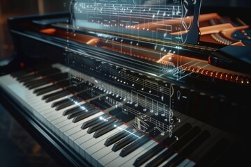 Futuristic digital piano with holographic music sheet in dim light