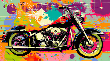 Pop art style, motorcycle pop culture icons, comic elements, collage composition
