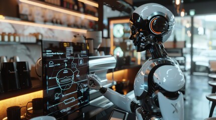 Futuristic robot barista serving coffee in a modern, minimalist cafe