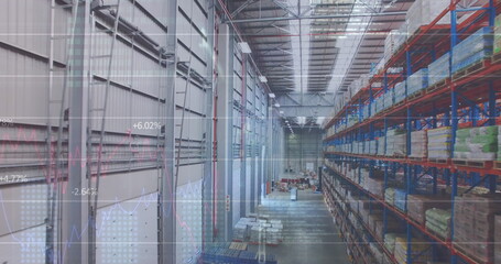 Fototapeta na wymiar Image of statistics and data processing over warehouse