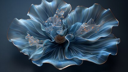   Close-up of a blue bloom against a black backdrop, softly blurred center