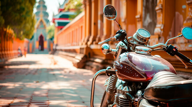 Travel style, motorcycle at a historic site, tourist attraction, focused composition, daylight, copy space on the right