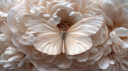   A large white butterfly atop a peony bloom - vast, white petals surround them