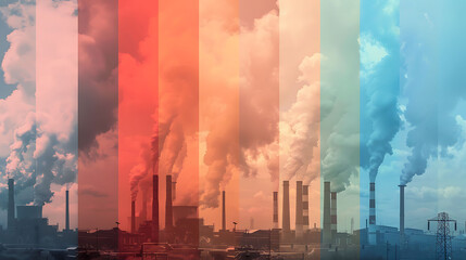A heat-sensitive photo collage captures plumes of factory smoke - obrazy, fototapety, plakaty