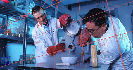 Image of mathematical equations over diverse male scientists in lab